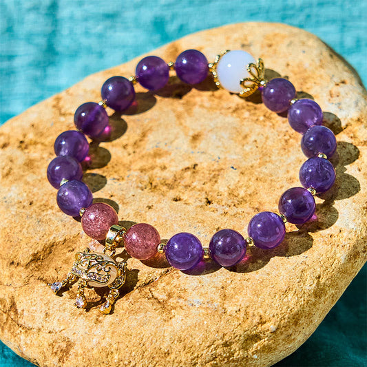 Wear FengShui Natural Amethyst Strawberry Quartz Peace Lock Charm Positive Bracelet