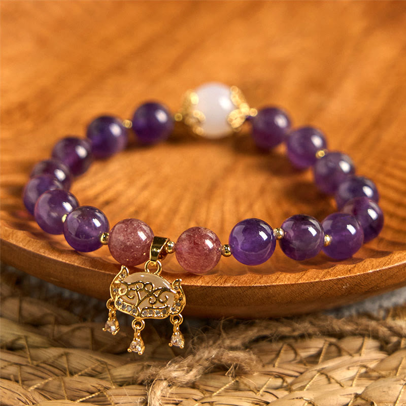Wear FengShui Natural Amethyst Strawberry Quartz Peace Lock Charm Positive Bracelet