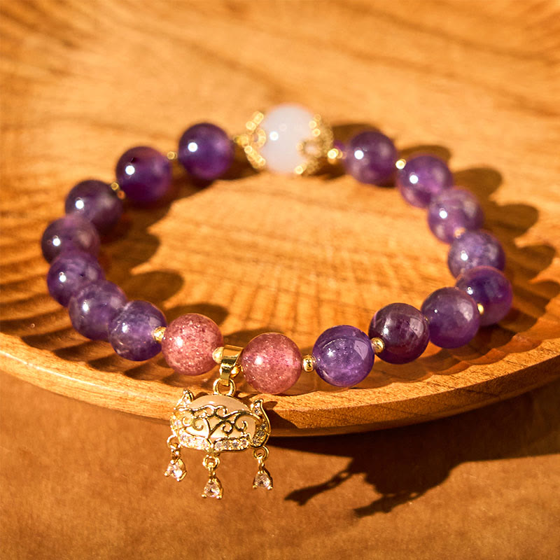 Wear FengShui Natural Amethyst Strawberry Quartz Peace Lock Charm Positive Bracelet