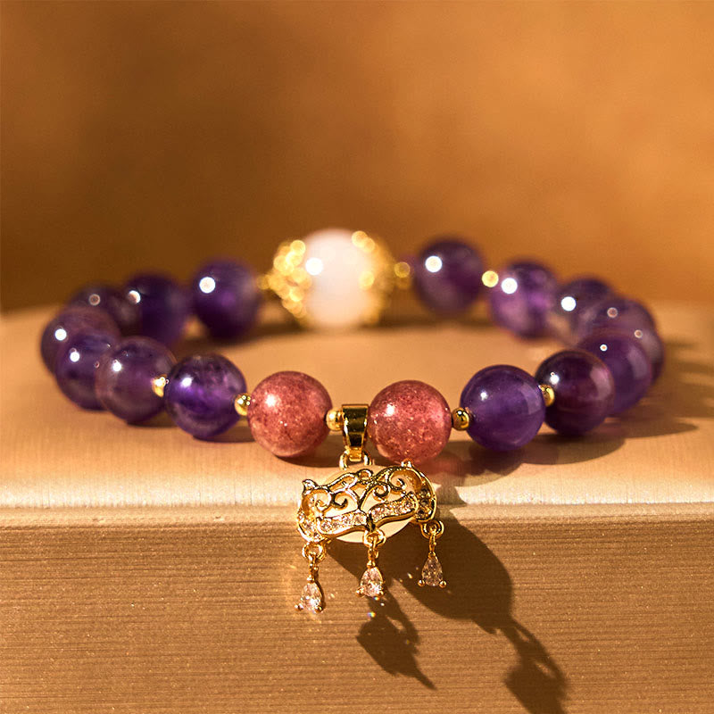 Wear FengShui Natural Amethyst Strawberry Quartz Peace Lock Charm Positive Bracelet