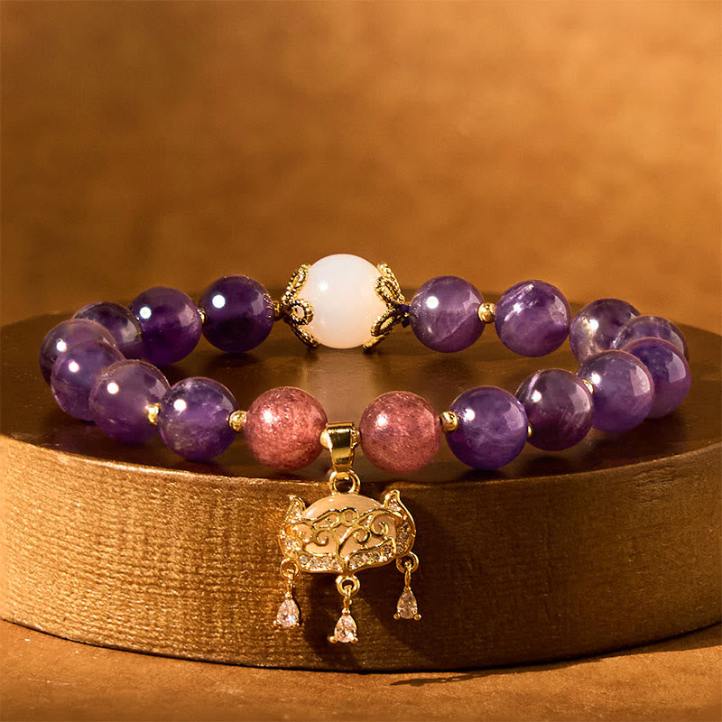 Wear FengShui Natural Amethyst Strawberry Quartz Peace Lock Charm Positive Bracelet