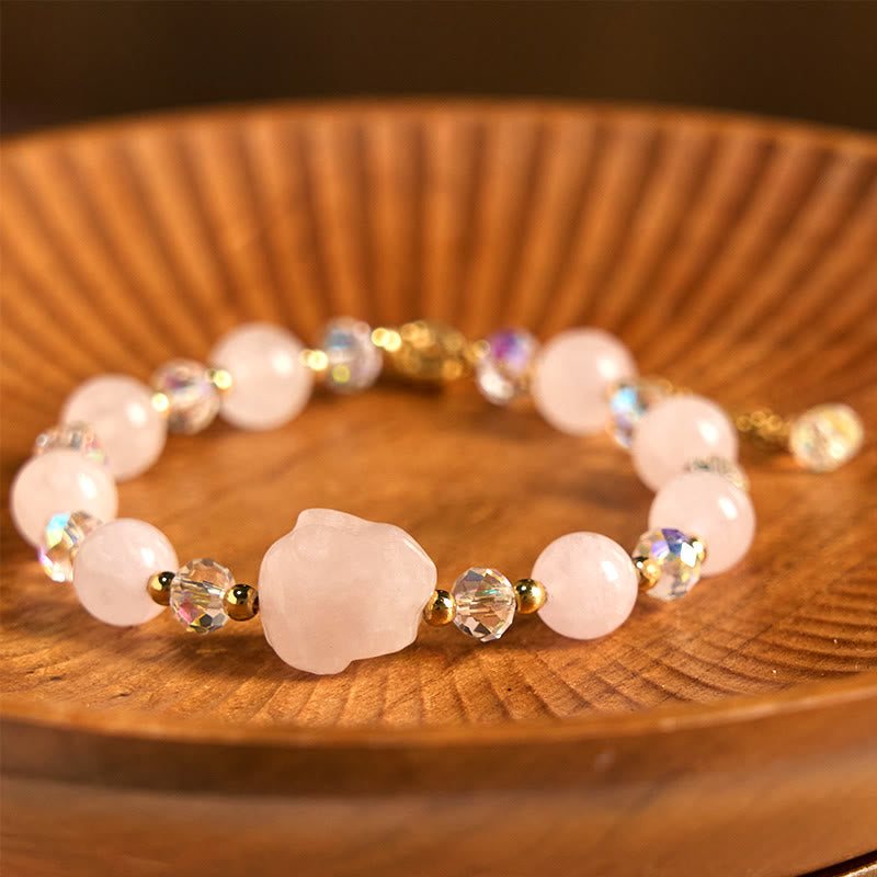 Wear FengShui Rose Quartz Crystal Rabbit Healing Chain Bracelet