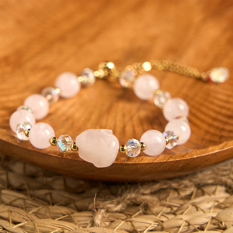 Wear FengShui Rose Quartz Crystal Rabbit Healing Chain Bracelet