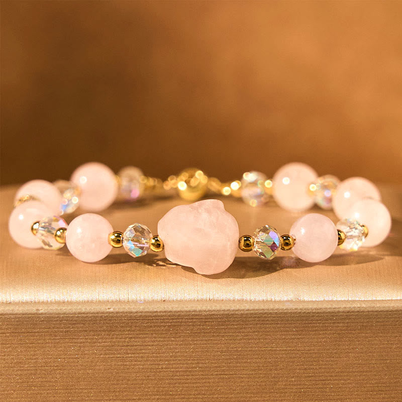 Wear FengShui Rose Quartz Crystal Rabbit Healing Chain Bracelet
