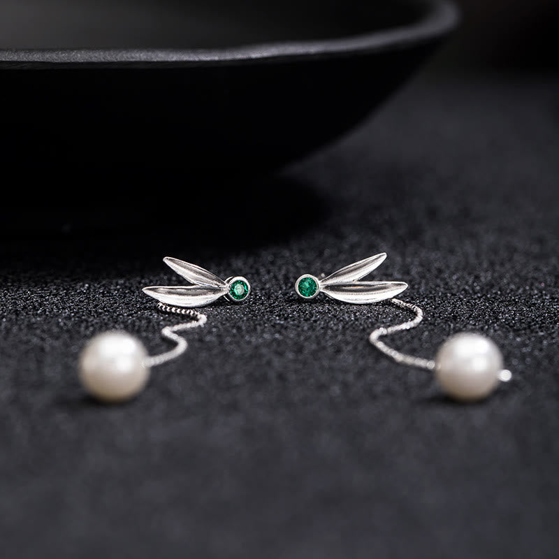 Wear FengShui 925 Sterling Silver Zircon Pearl Bamboo Leaves Protection Drop Earrings