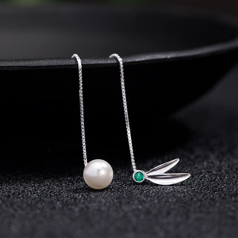 Wear FengShui 925 Sterling Silver Zircon Pearl Bamboo Leaves Protection Drop Earrings