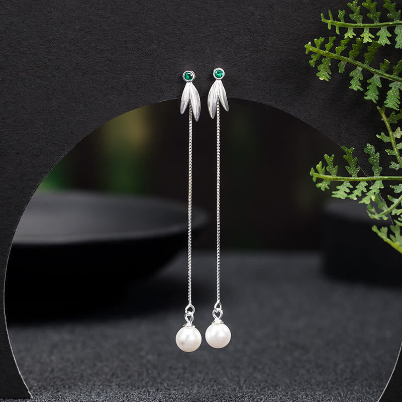 Wear FengShui 925 Sterling Silver Zircon Pearl Bamboo Leaves Protection Drop Earrings