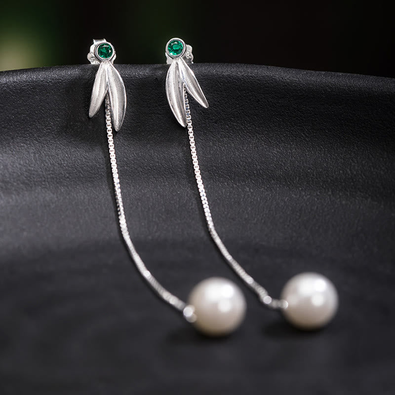 Wear FengShui 925 Sterling Silver Zircon Pearl Bamboo Leaves Protection Drop Earrings