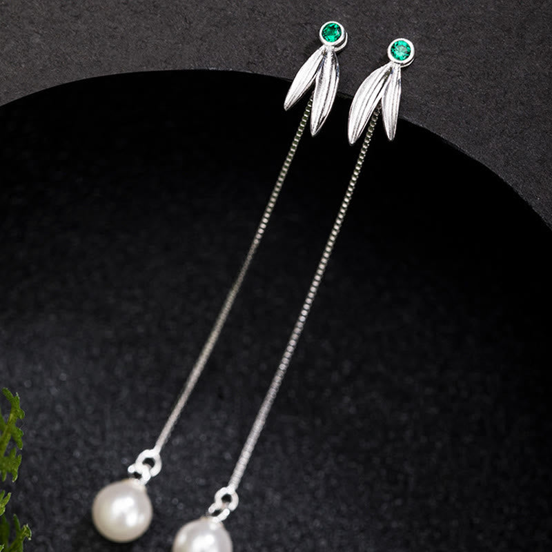 Wear FengShui 925 Sterling Silver Zircon Pearl Bamboo Leaves Protection Drop Earrings