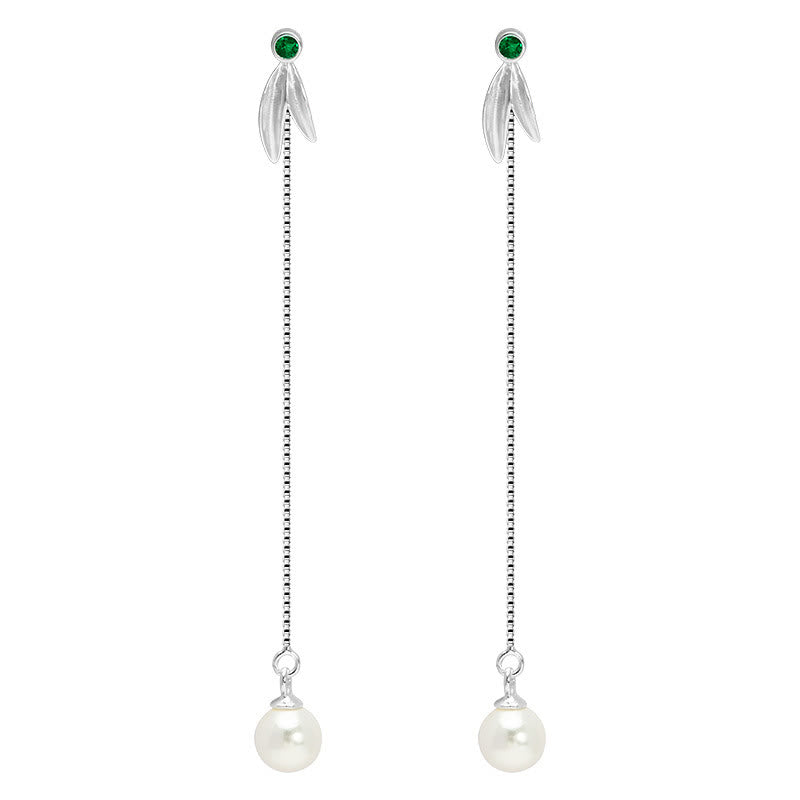 Wear FengShui 925 Sterling Silver Zircon Pearl Bamboo Leaves Protection Drop Earrings
