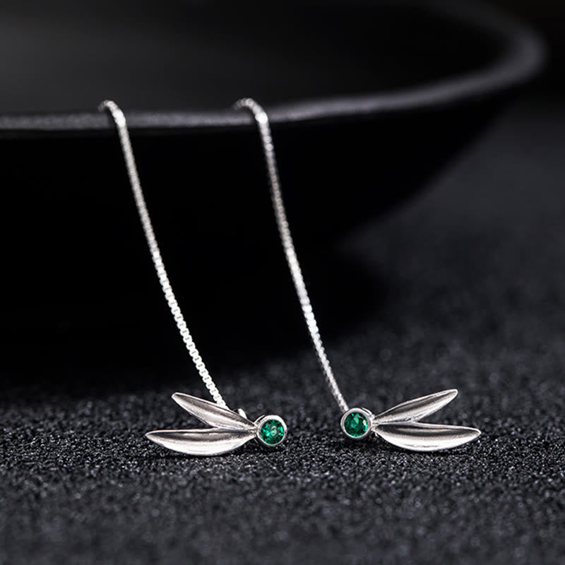 Wear FengShui 925 Sterling Silver Zircon Pearl Bamboo Leaves Protection Drop Earrings