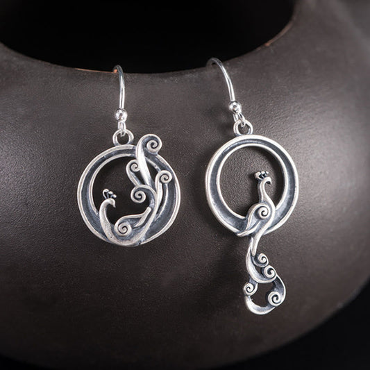 Wear FengShui 925 Sterling Silver Round Asymmetry Peacock Fortune Earrings