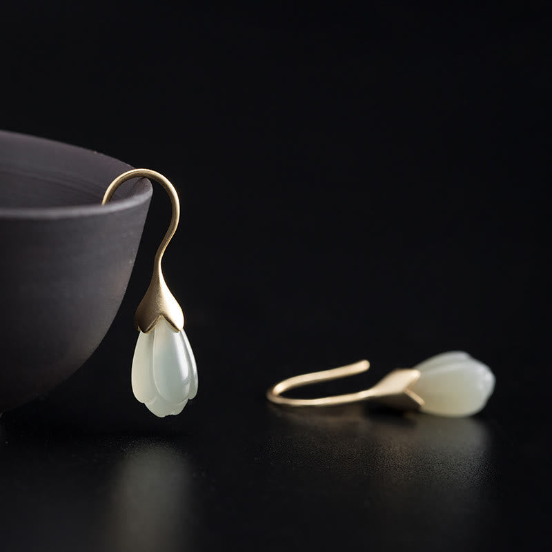 Wear FengShui 925 Sterling Silver Hetian Jade Magnolia Abundance Drop Earrings