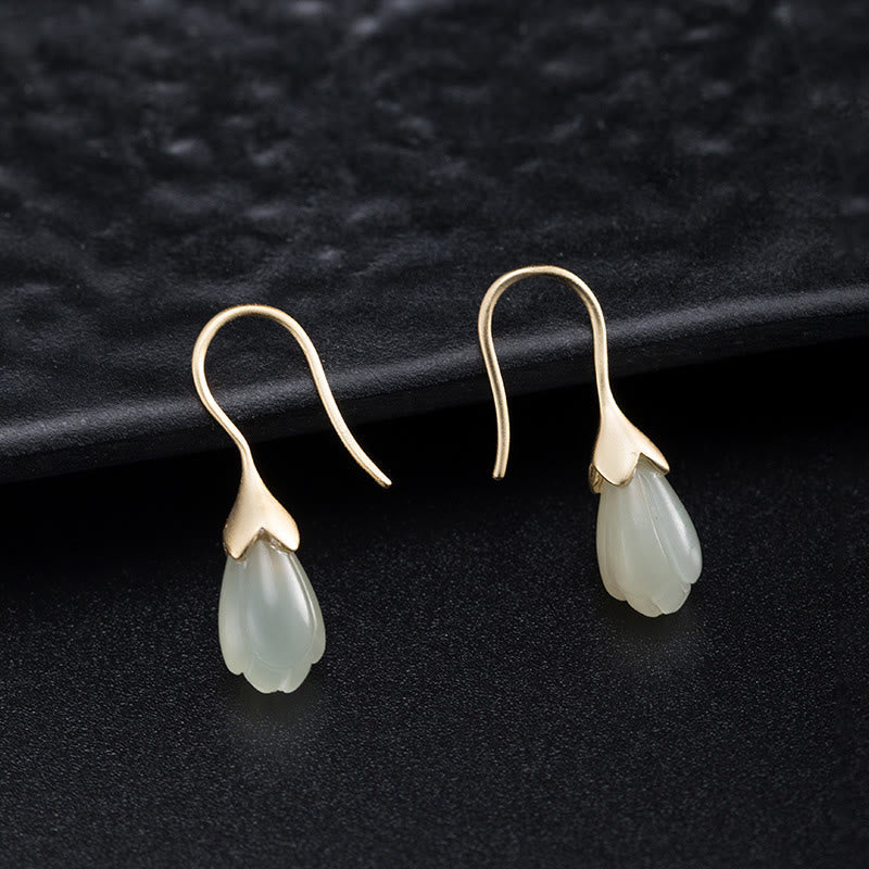 Wear FengShui 925 Sterling Silver Hetian Jade Magnolia Abundance Drop Earrings