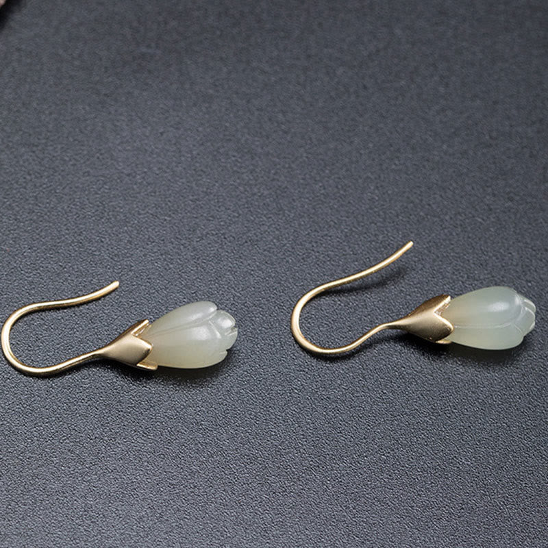 Wear FengShui 925 Sterling Silver Hetian Jade Magnolia Abundance Drop Earrings