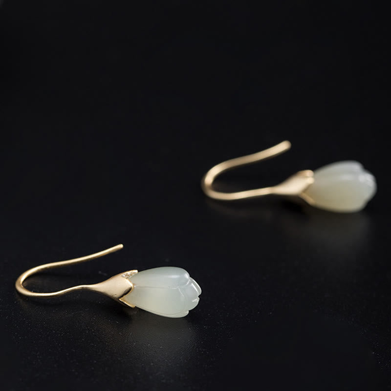 Wear FengShui 925 Sterling Silver Hetian Jade Magnolia Abundance Drop Earrings