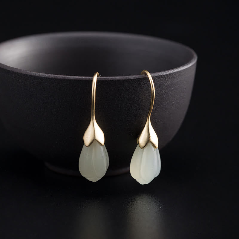 Wear FengShui 925 Sterling Silver Hetian Jade Magnolia Abundance Drop Earrings