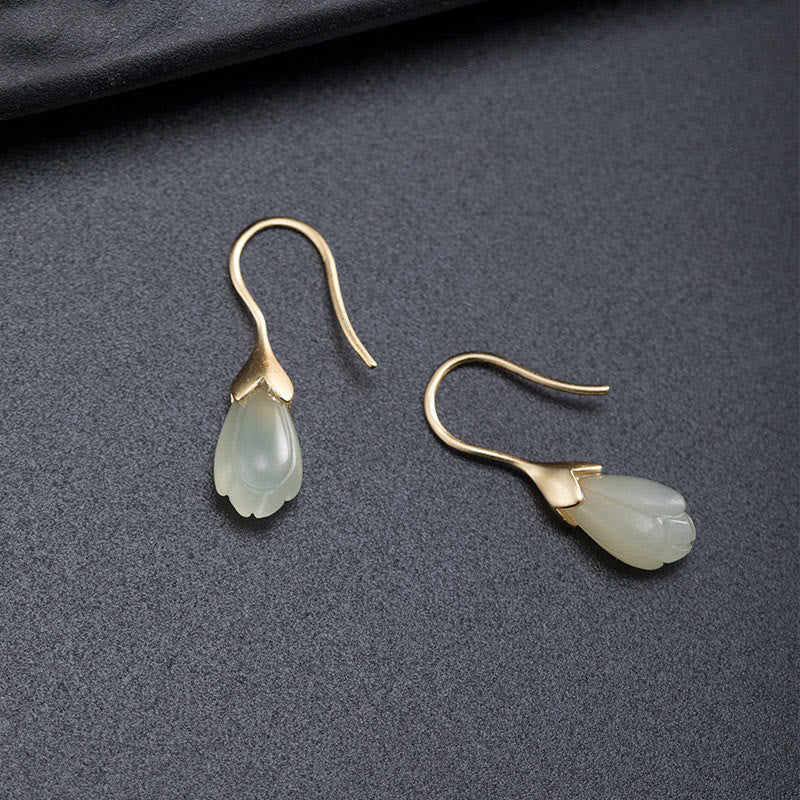 Wear FengShui 925 Sterling Silver Hetian Jade Magnolia Abundance Drop Earrings
