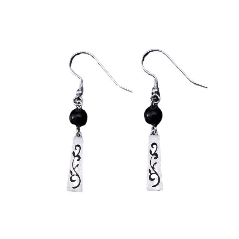 Wear FengShui 925 Sterling Silver Black Onyx Hollow Vine Protection Drop Earrings