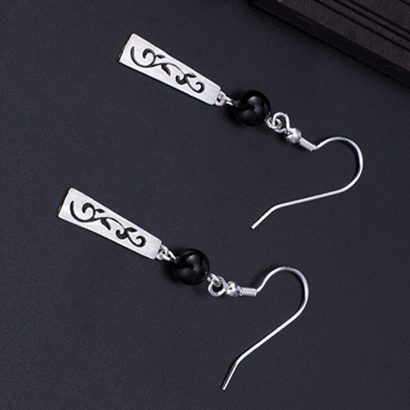 Wear FengShui 925 Sterling Silver Black Onyx Hollow Vine Protection Drop Earrings