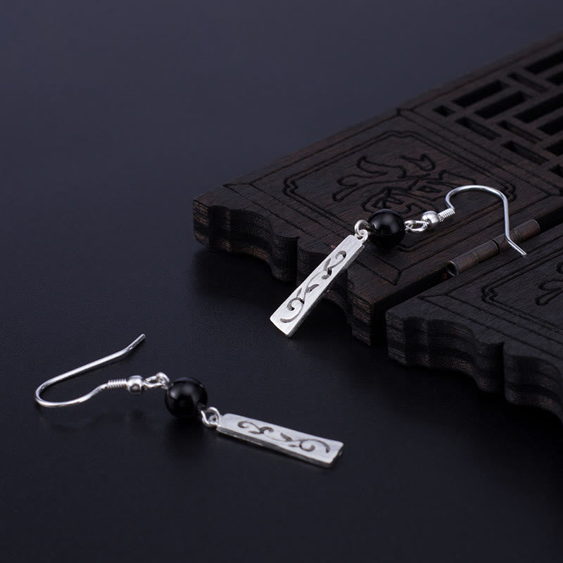 Wear FengShui 925 Sterling Silver Black Onyx Hollow Vine Protection Drop Earrings