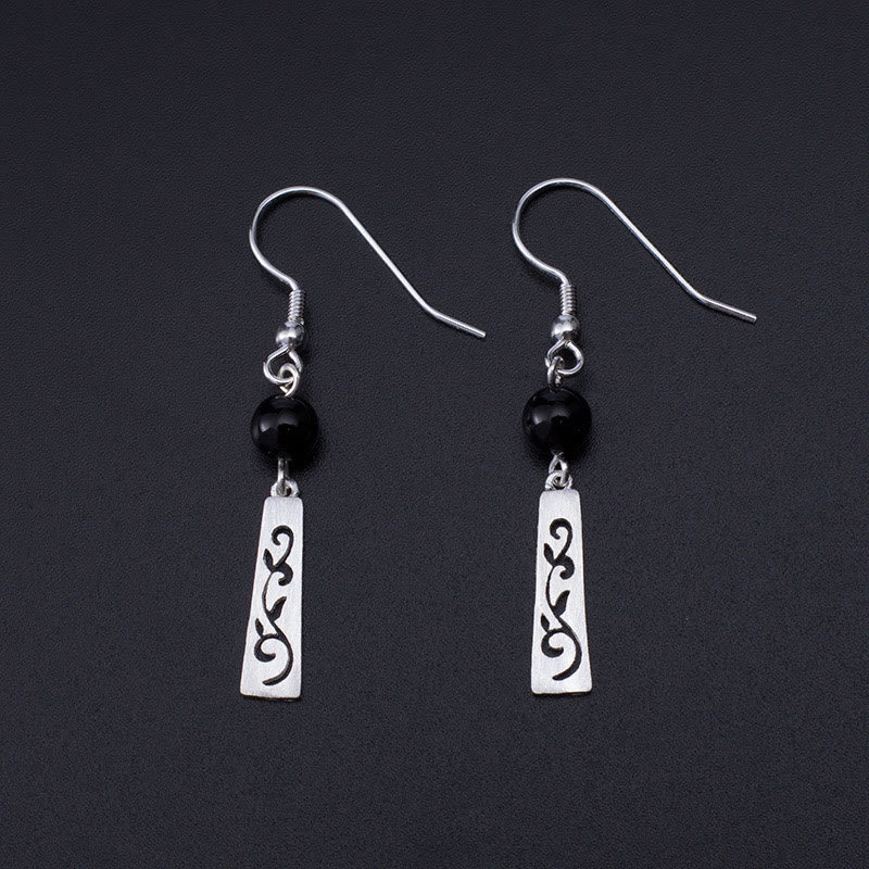 Wear FengShui 925 Sterling Silver Black Onyx Hollow Vine Protection Drop Earrings