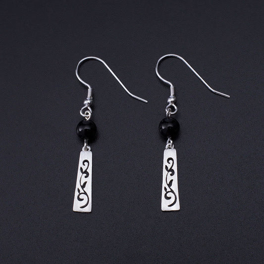 Wear FengShui 925 Sterling Silver Black Onyx Hollow Vine Protection Drop Earrings