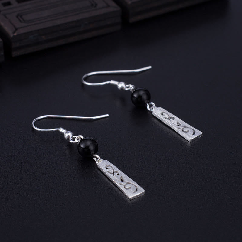 Wear FengShui 925 Sterling Silver Black Onyx Hollow Vine Protection Drop Earrings