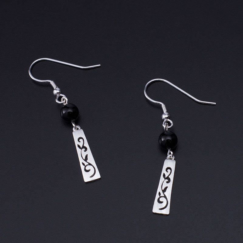 Wear FengShui 925 Sterling Silver Black Onyx Hollow Vine Protection Drop Earrings