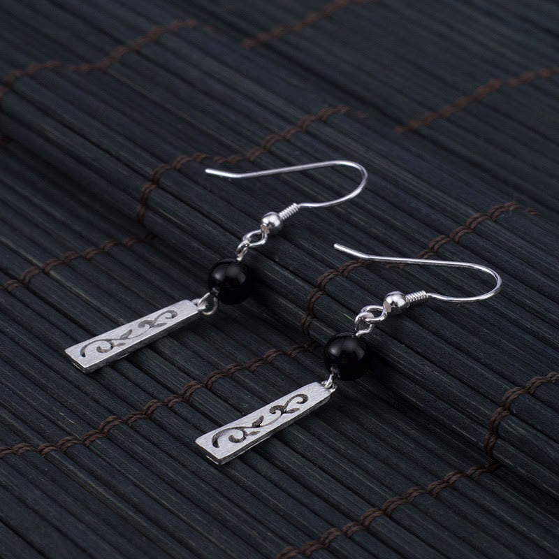 Wear FengShui 925 Sterling Silver Black Onyx Hollow Vine Protection Drop Earrings