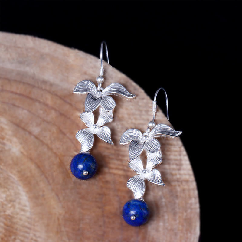 Wear FengShui 925 Sterling Silver Lazurite Ethnic Style Flower Positive Drop Earrings
