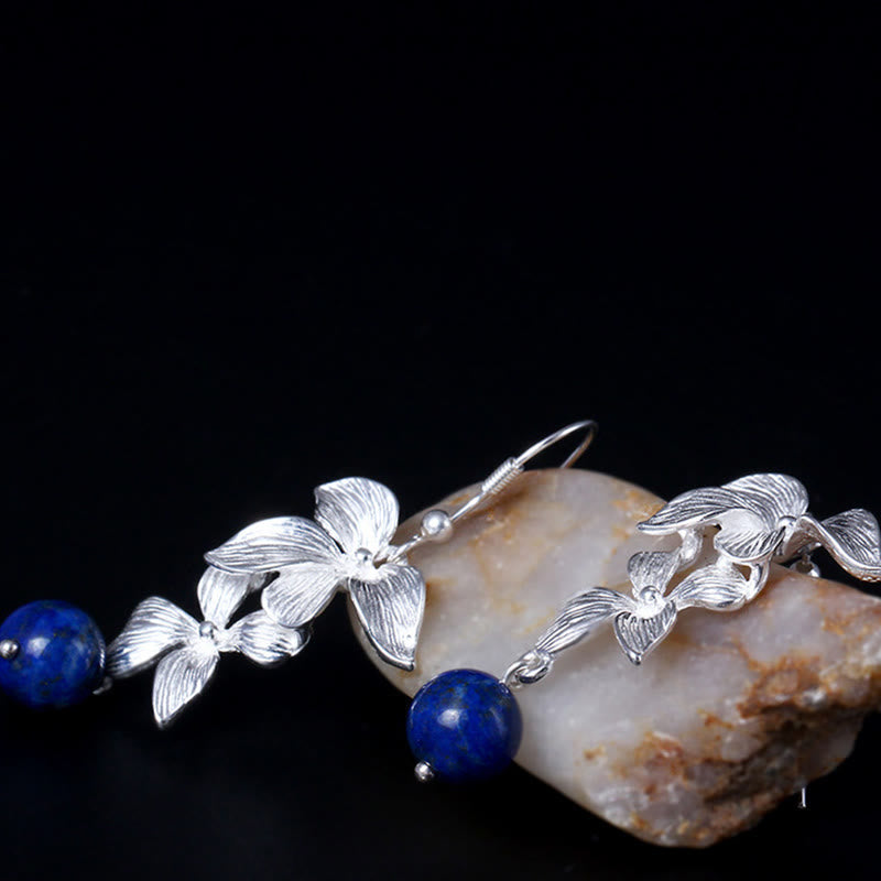 Wear FengShui 925 Sterling Silver Lazurite Ethnic Style Flower Positive Drop Earrings