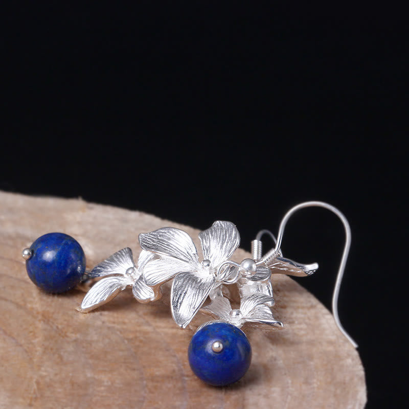Wear FengShui 925 Sterling Silver Lazurite Ethnic Style Flower Positive Drop Earrings