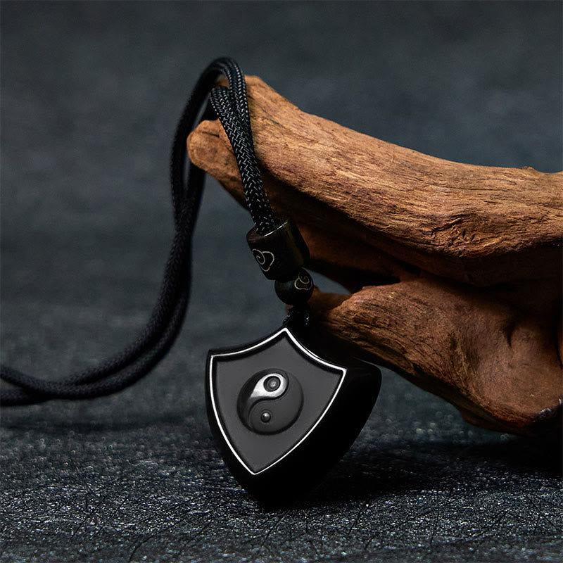 Wear FengShui Black Obsidian Shield Pattern Yin Yang Symbol Strength Necklace Pendant