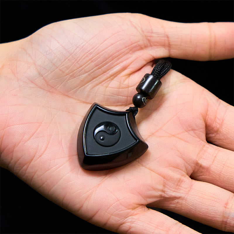 Wear FengShui Black Obsidian Shield Pattern Yin Yang Symbol Strength Necklace Pendant