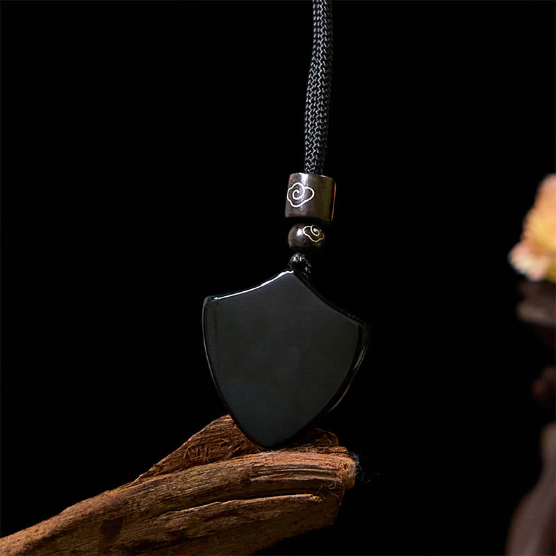 Wear FengShui Black Obsidian Shield Pattern Yin Yang Symbol Strength Necklace Pendant