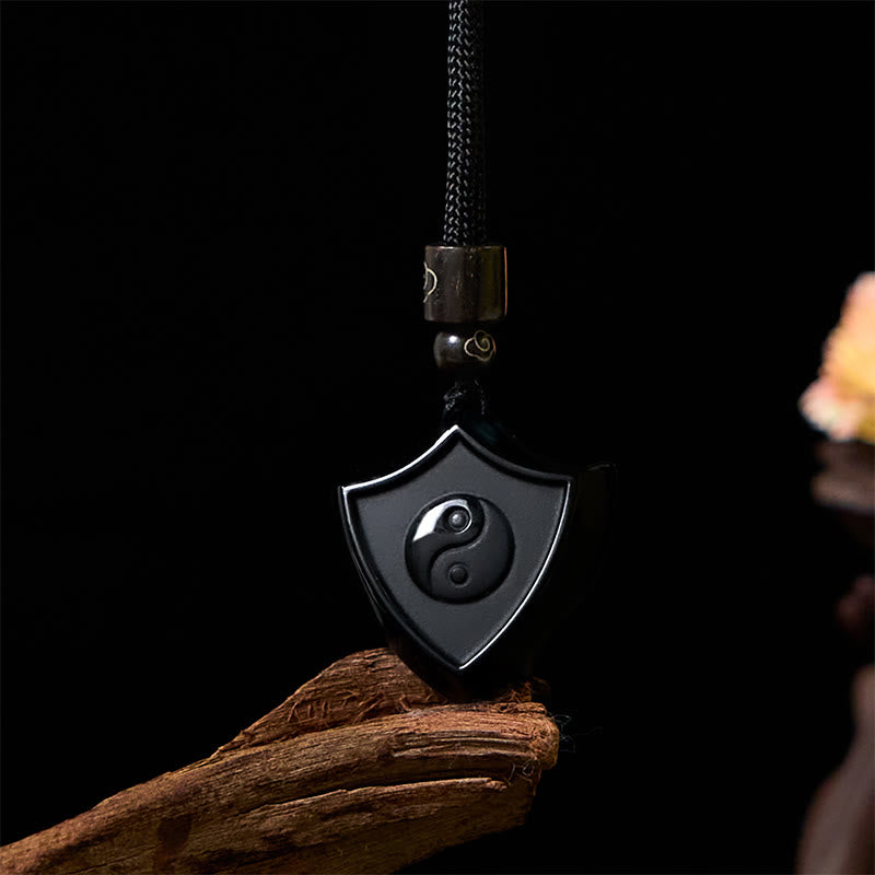 Wear FengShui Black Obsidian Shield Pattern Yin Yang Symbol Strength Necklace Pendant
