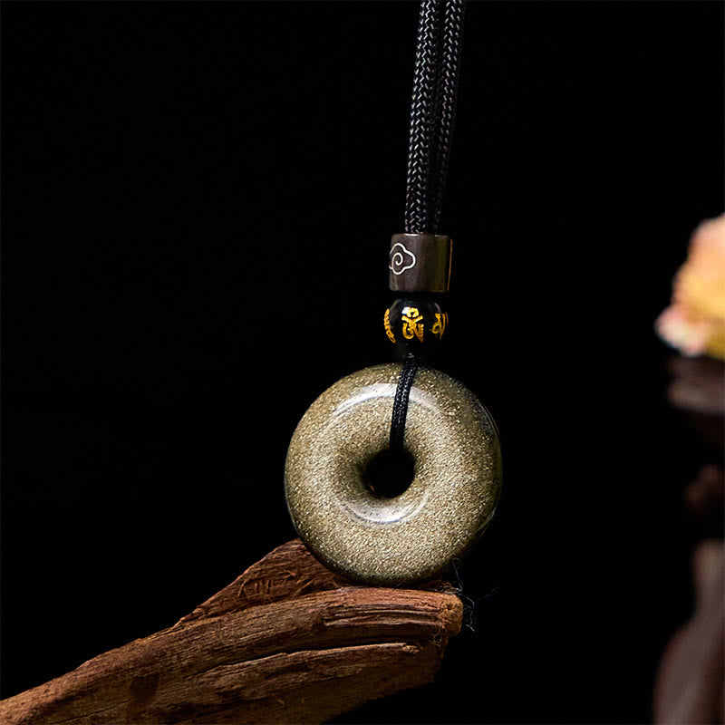 Wear FengShui Natural Gold Sheen Obsidian Peace Buckle Strengthen Necklace Pendant