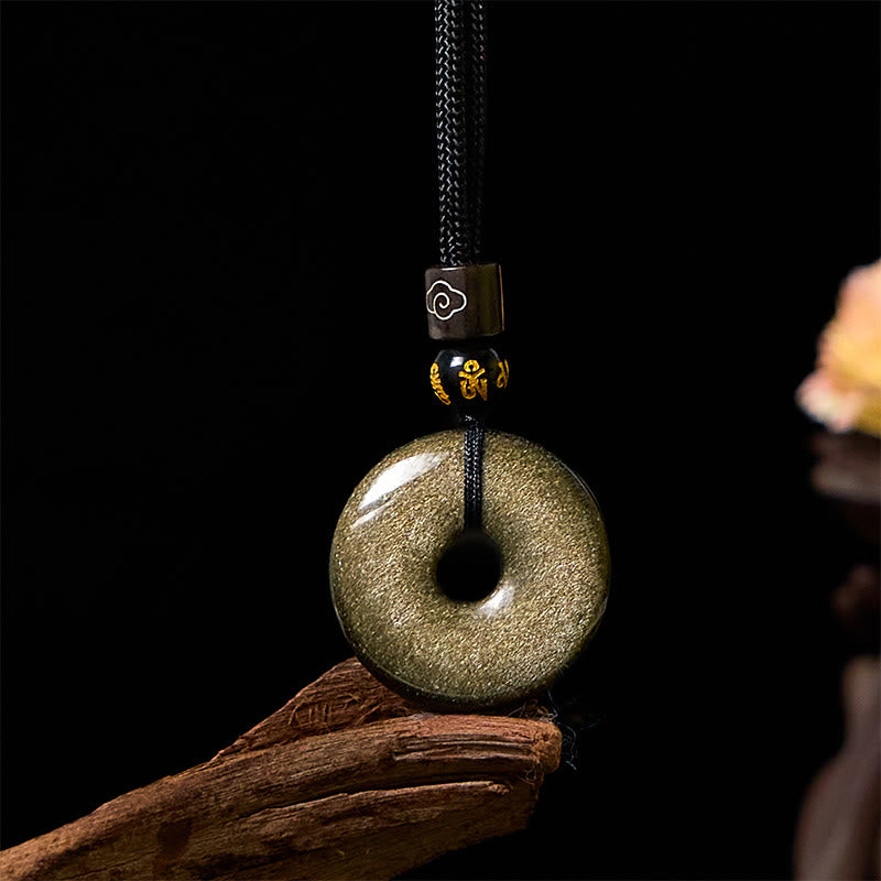 Wear FengShui Natural Gold Sheen Obsidian Peace Buckle Strengthen Necklace Pendant