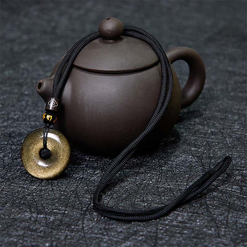 Wear FengShui Natural Gold Sheen Obsidian Peace Buckle Strengthen Necklace Pendant