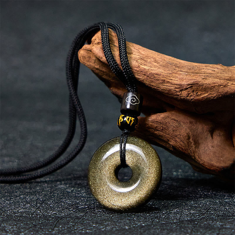 Wear FengShui Natural Gold Sheen Obsidian Peace Buckle Strengthen Necklace Pendant