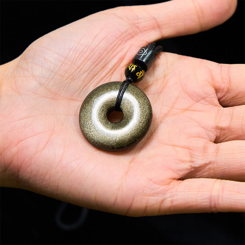 Wear FengShui Natural Gold Sheen Obsidian Peace Buckle Strengthen Necklace Pendant