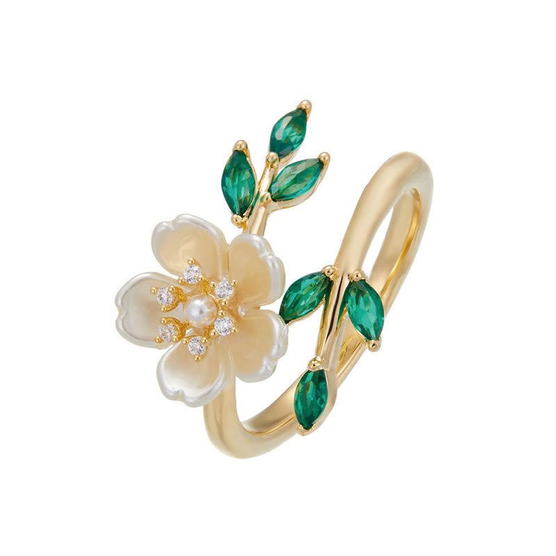 Wear FengShui Pearl Flower Zircon Leaves Happiness Wealth Adjustable Ring