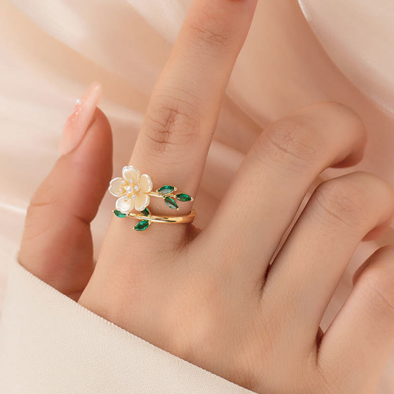 Wear FengShui Pearl Flower Zircon Leaves Happiness Wealth Adjustable Ring