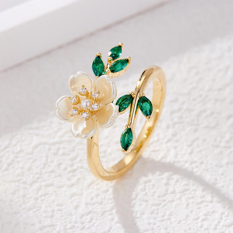 Wear FengShui Pearl Flower Zircon Leaves Happiness Wealth Adjustable Ring