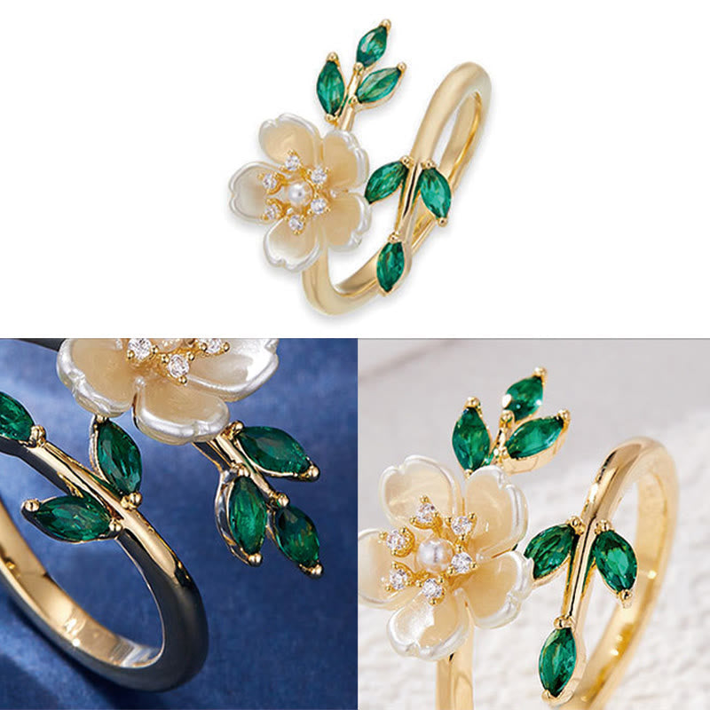 Wear FengShui Pearl Flower Zircon Leaves Happiness Wealth Adjustable Ring