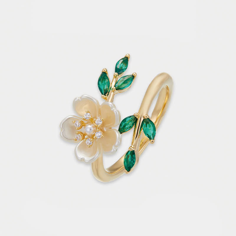 Wear FengShui Pearl Flower Zircon Leaves Happiness Wealth Adjustable Ring