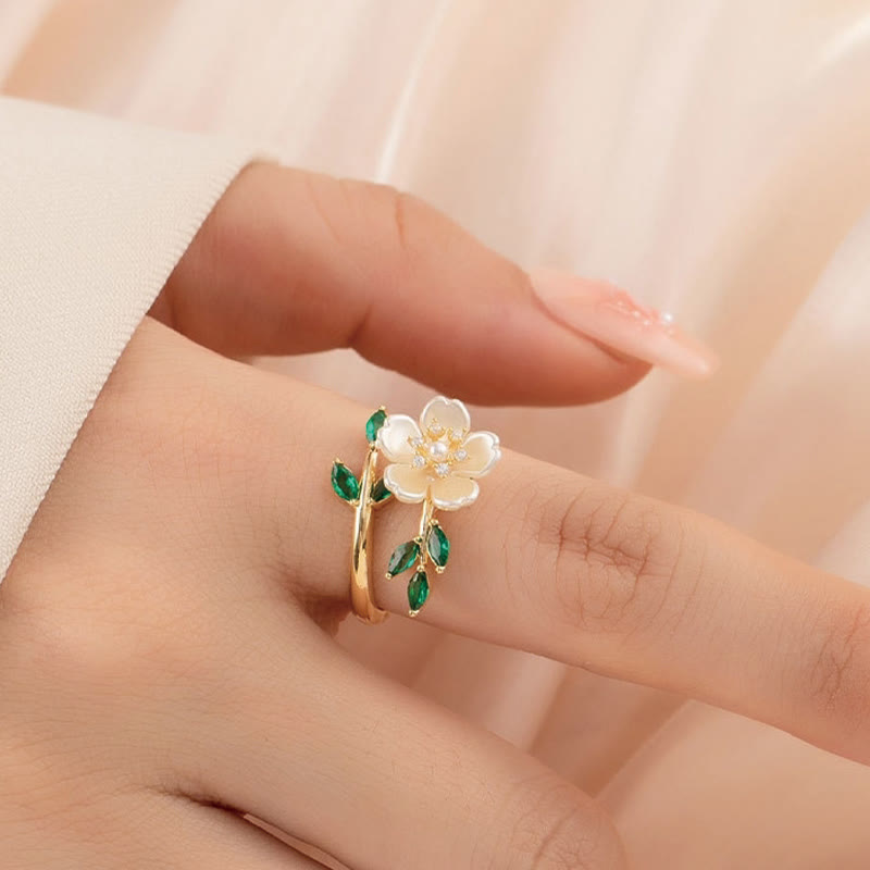 Wear FengShui Pearl Flower Zircon Leaves Happiness Wealth Adjustable Ring