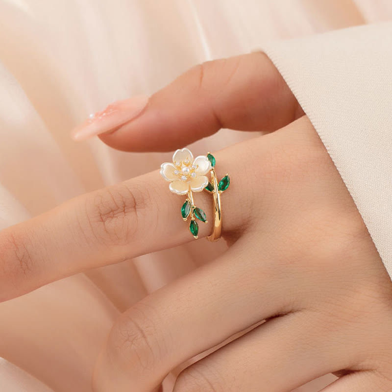 Wear FengShui Pearl Flower Zircon Leaves Happiness Wealth Adjustable Ring
