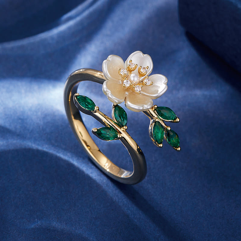 Wear FengShui Pearl Flower Zircon Leaves Happiness Wealth Adjustable Ring